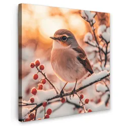 LEINWANDBILD Vogel - Zweig - Winter - Tiere - Schnee Deko Groß 90x90 cm