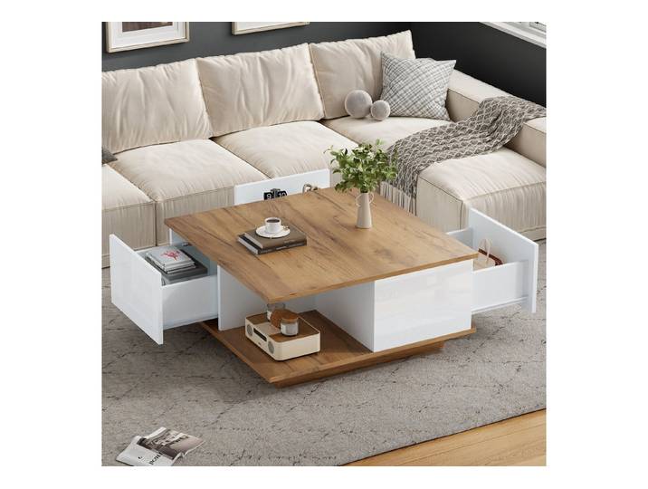 OKWISH Couchtisch hochglänzende Wohnzimmertisch (Sofatisch,Beistelltisch, 1-St., mit 3 Schubladen), geometrischer Kaffeetish