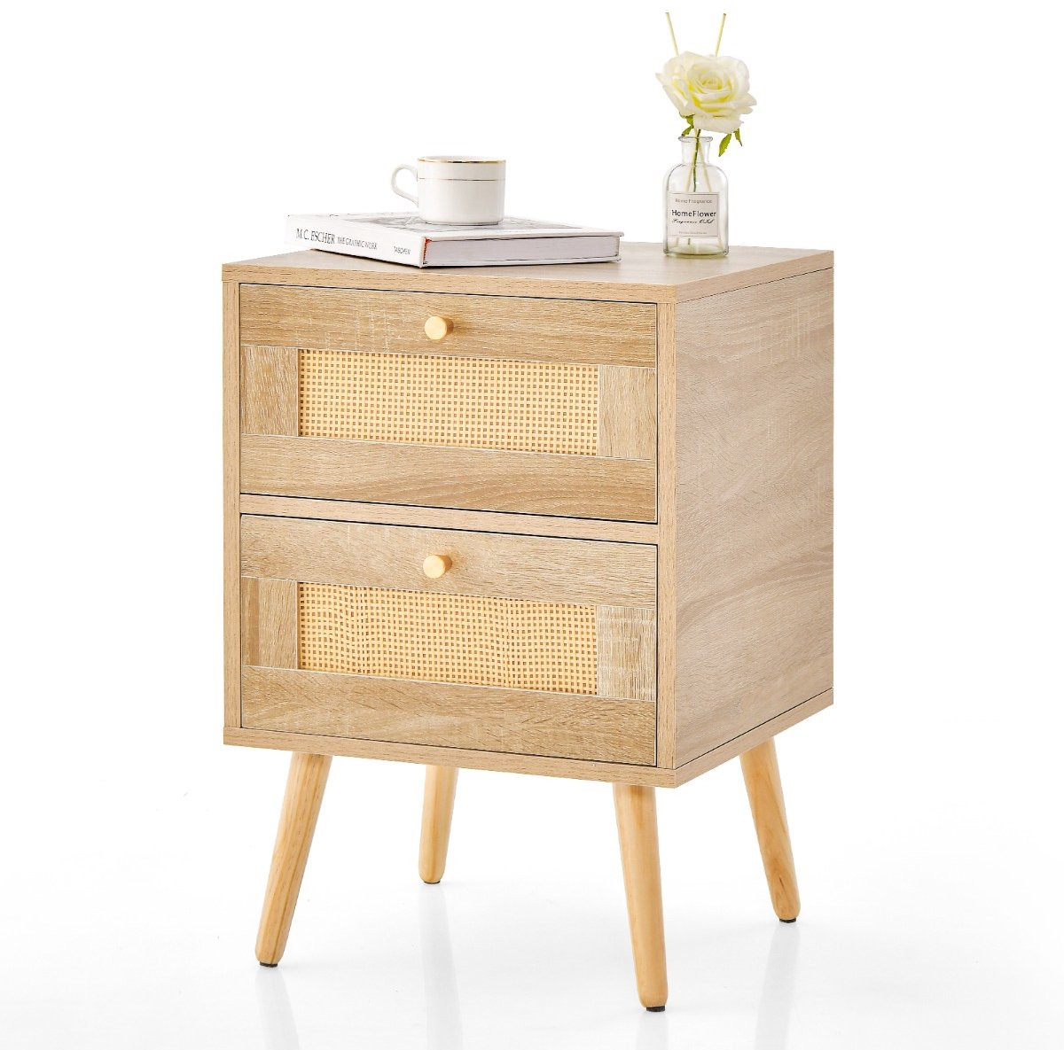 SureDeal Nachtkastje Rotan Mid Century Natuurlijk B/D/H: 40 x 40 x 59 cm
