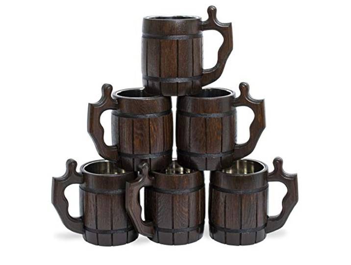 MyFancyCraft Bierkrug, Holz-Bierkrug, Edelstahlbecher, Handgefertigte Geschenke für Männer, Vatertag, Weihnachten oder Geburtstag, Braun, 6 Stück