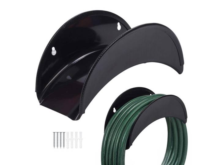 Relaxdays Schlauchhalter Schwarz 2er-Set Wandmontage, Metall, Kunststoff, 29x14x13.5 cm, Gartenzubehör