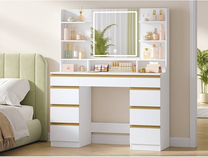 Table de maquillage avec éclairage LED, 3 couleurs, contrôle de la luminosité, miroir intégré, 9 tiroirs, 9 étagères ouvertes