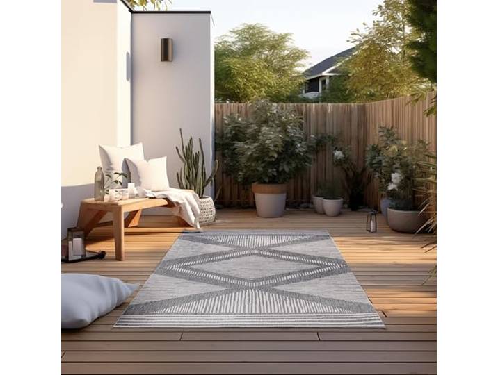 ELLE Decoration In und Outdoor Teppich – Wendeteppich Wetterfest & Wasserfest - Modernes Rauten Muster Geometrisches Muster Outdoorteppich für Garten, Balkon, Terrasse, Wohnzimmer – Silber, 120x170cm