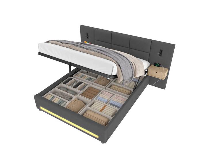 Lvhom Polsterbett, Doppelbett 180x200cm mit Nachttischen, Funktionsbett Samt mit LED und Usb, Dunkelgrau, 180x200 cm, Schlafzimmer, Betten, Polsterbetten