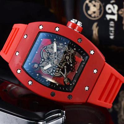 ModernMart Barrel Shape Skeleton Quartz Watch Transparent Dial Stylish Casual Mens Watch red