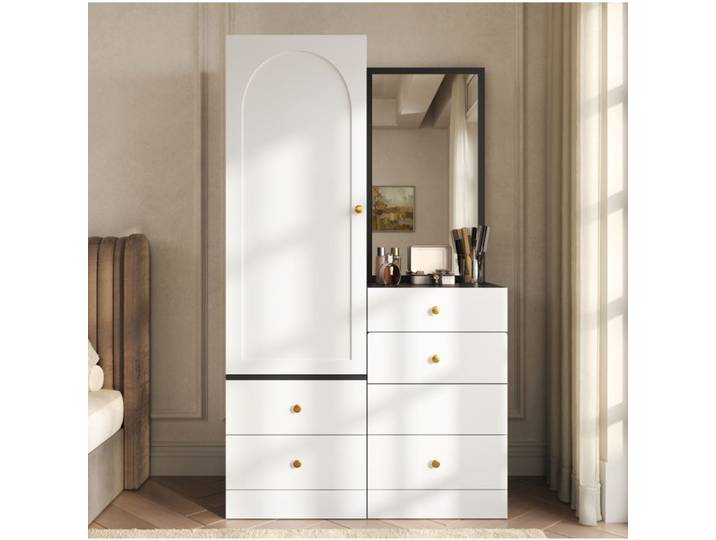 MEULVA Coiffeuse avec armoire et miroir pleine longueur rangement MDF blanc et noir penderie et tiroirs