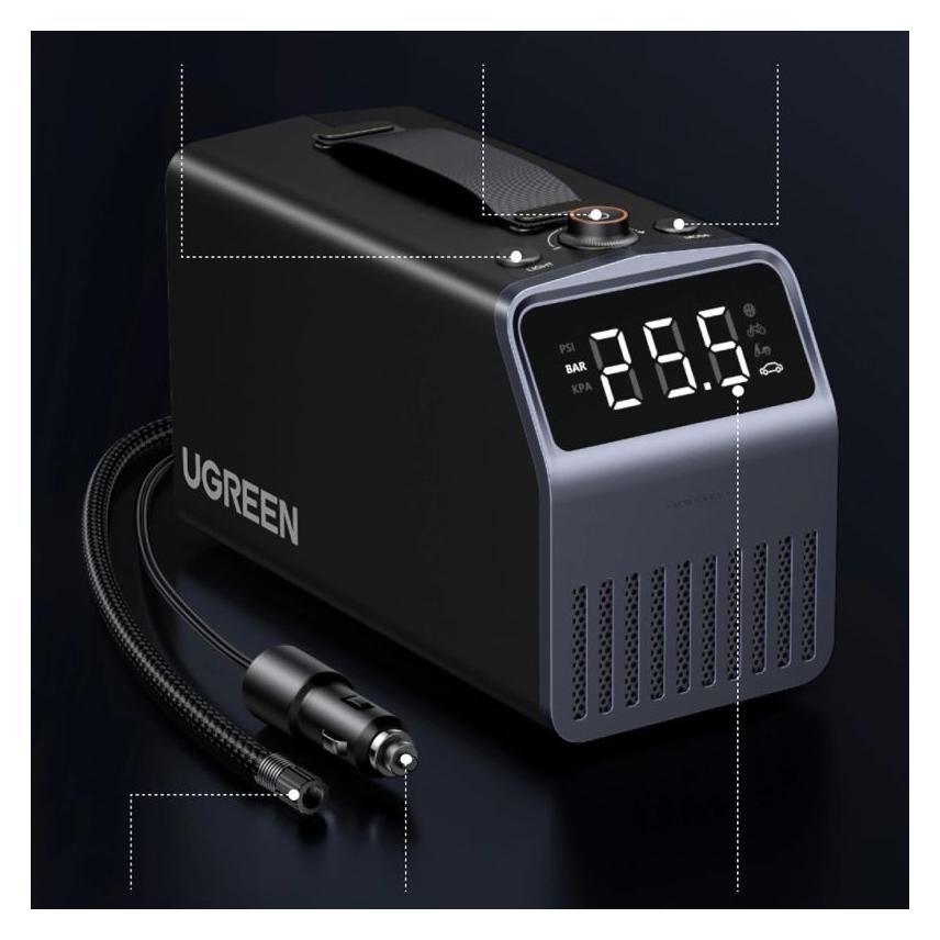 Ugreen Pompka elektryczna 150 PSI 12V do opon samochodowych z wyświetlaczem cyfrowym - szara (10.34 Bar) (6941876239764)