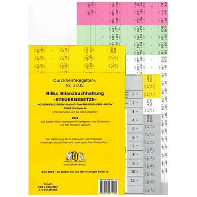 DürckheimRegister® BiBu-BilanzSteuerrecht - Wichtige Gesetze OHNE Stichworte für deine AO-AktG-BGB-EStG-EStR-GmbHG-HGB- KStG-UStG nur Zahlen und §§,