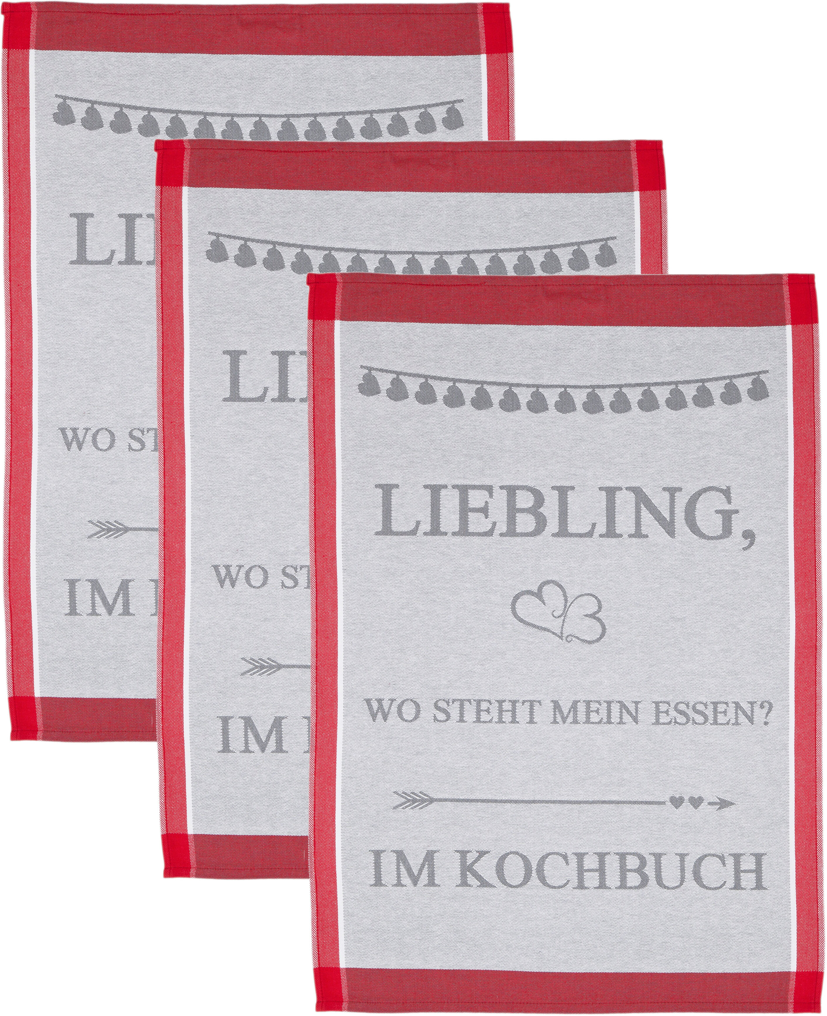 Geschirrtuch ROSS "Liebling, wo steht mein essen… im Kochbuch", grau (grau, rot), B:50cm L:70cm, 100% Baumwolle, Geschirrtücher, Geschirrtuch, Sprüchetuch, aus 100% Baumwolle grau, rot 3 Stk., 100 % Baumwolle