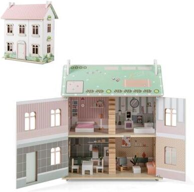 Costway Kids Wooden Dollhouse 3 Level with Double-Sided Roofs and Doors-Pink