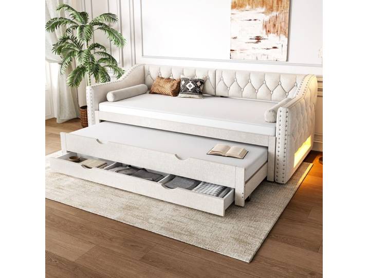 Canapé-lit rembourré 90x200 cm - MODERNLUXE - Lit gigogne - Éclairage LED - 3 tiroirs - MDF + lin - Beige