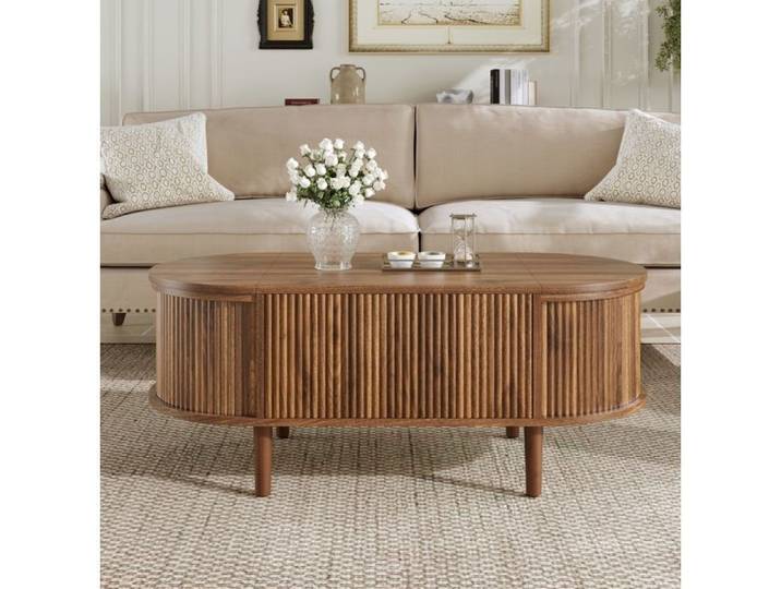 Table basse relevable ovale en noyer avec rangement style vintage