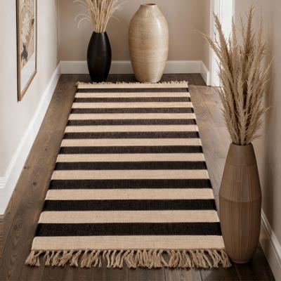 Teppich HANSE HOME "Playa", beige (natur, weiß, schwarz), B:80cm H:6mm L:200cm, Jute, Teppiche, Teppich, Jute, Handgemacht, Naturteppich, Wohnzimmer, Läufer, Fransen