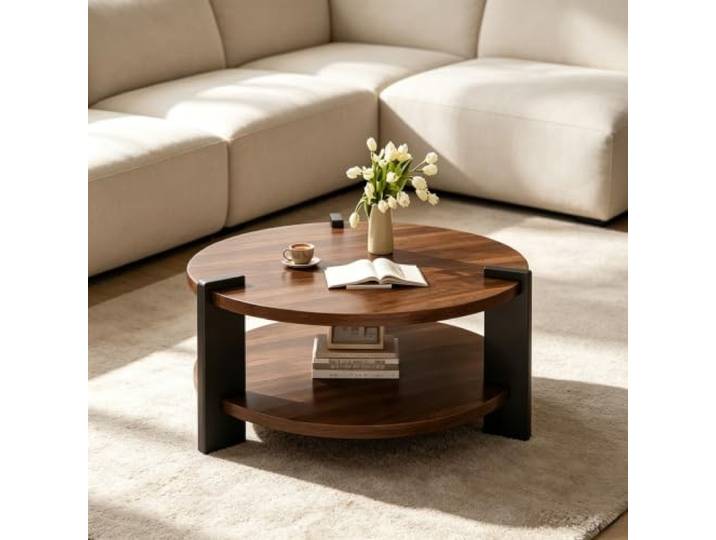 Moderner runder Couchtisch mit Stauraum, zweistöckig für Wohnzimmer Zweistöckiger Stauraum, minimalistischer Stil, stabiler Metallrahmen für Wohnzimmer & gehobene Innenräume(A,27.6in)
