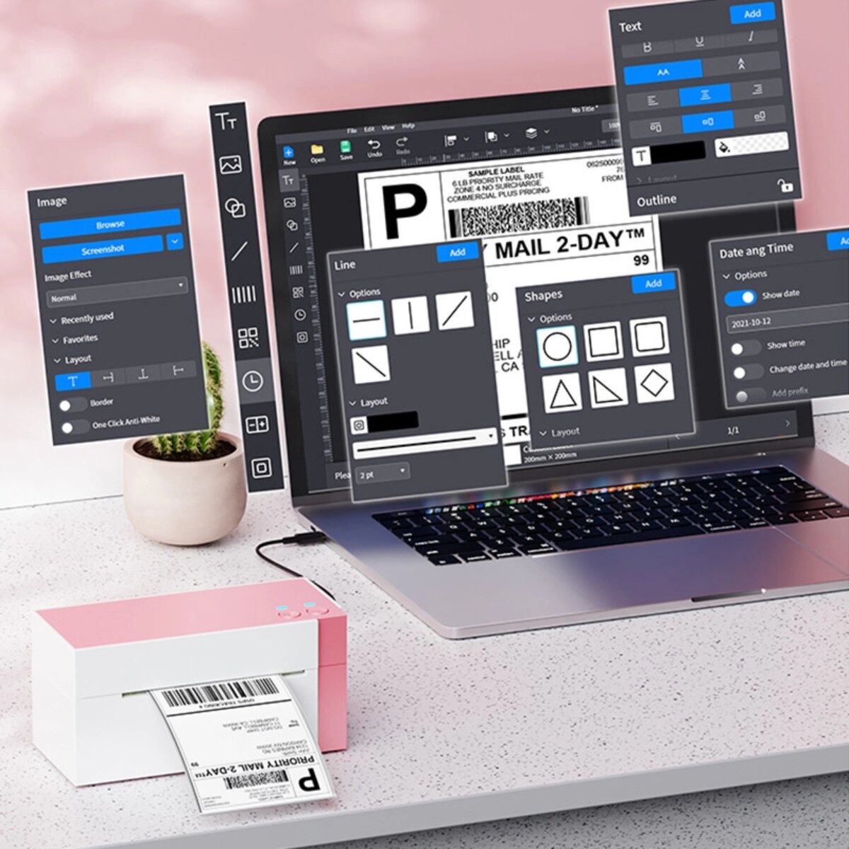 INF WiFi Thermodrucker für Etiketten — 300dpi, WiFi+Bluetooth, 108mm Druckbreite, USB/Netzwerk, kompatibel mit Labelife-App Weiß+Rosa