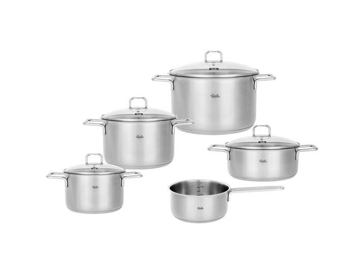 Fissler Kochtopfset SatiTherm, Edelstahl, Metall, 5-teilig, 16 cm, 2,4 L,1,4 L, Made in Germany, Messskala, backofengeeignet, rostfrei, breiter Schüttrand, hitzebeständig, geschmacksneutral,backofengeeignet, Kochen, Töpfe, Topfsets