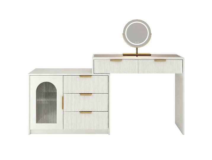 Coiffeuse Moderne Blanche Avec Plateau En Verre\, Miroir Led Réglable\, 75x90-160x40 Cm
