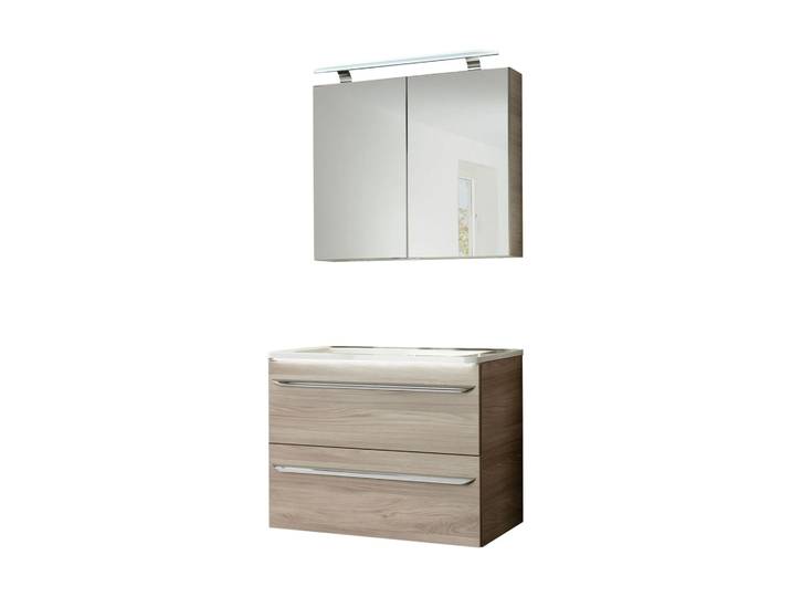 FACKELMANN LUXOR Waschtisch Set mit Spiegelschrank 80 cm breit, Braun hell, Waschbecken Gussmarmor Weiß