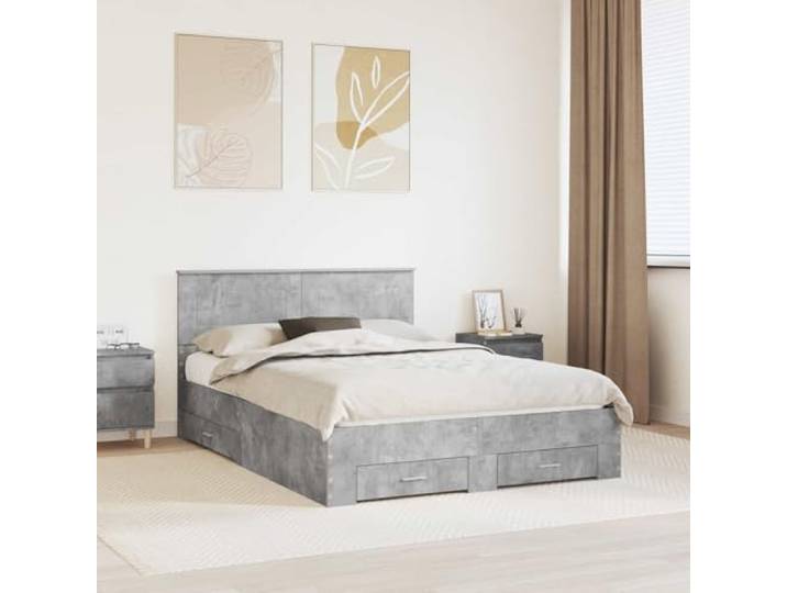 RJPLMFV Bettrahmen, Betongrau, 160 x 200 cm, Holz Mit integrierten Ablagen, Schubladen mit Griffen, Lattenrost inklusive, pflegeleicht