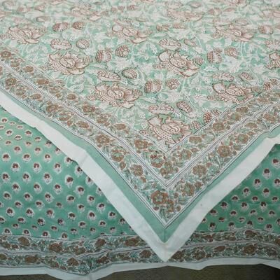 Fabdivine Hand Block Print Blue White Floral 100% Cotton Quilt - Handmade Reversible Organic Boho Bedding for Bedroom & Sofa