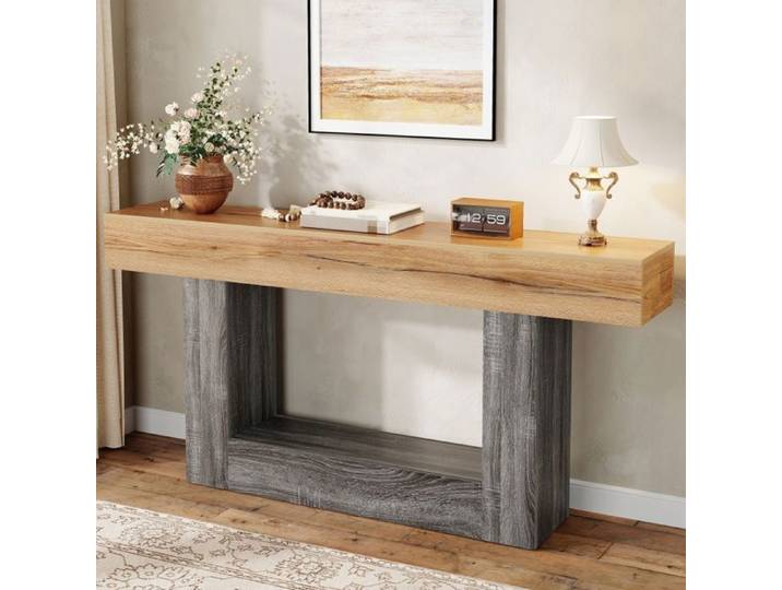 Table console design bicolore effet bois étagère basse rangement entrée couloir salon meuble étroit déco