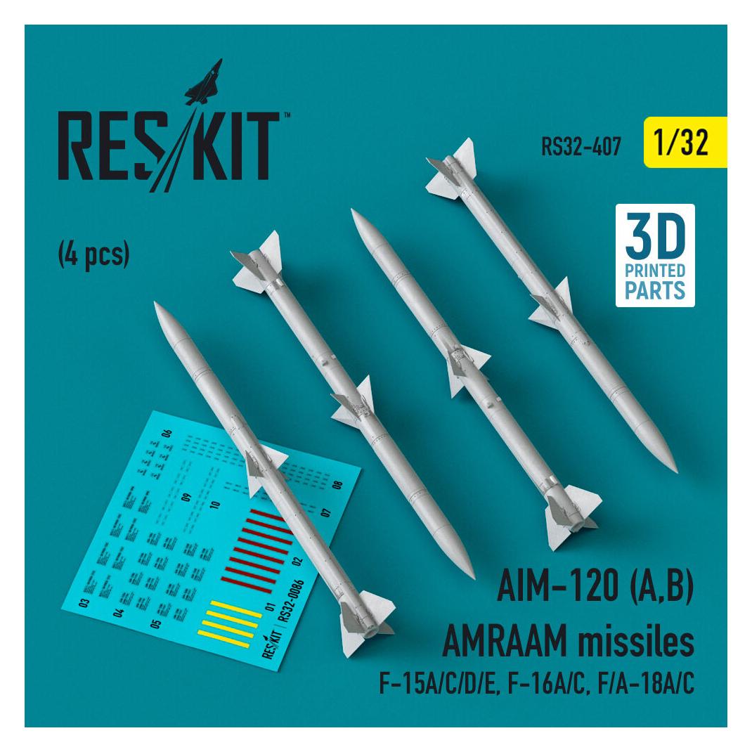 ResKit AIM-120 (A,B) AMRAAM missiles (4 pcs) (F-15A/C/D/E, F-16A/C, F/A-18A/C) (3D Printed) (RS32-0407)