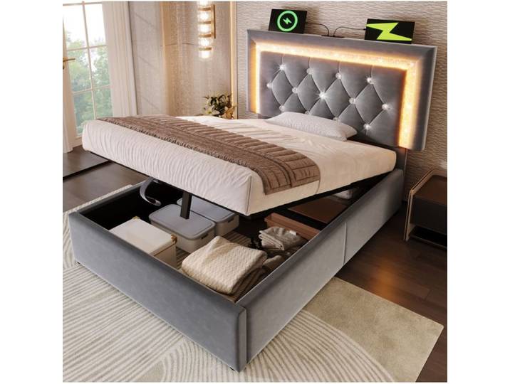 ULEVR Lit rembourré 90x200 cm en velours gris tête de lit LED ports USB/USB-C sommier à lattes sans matelas