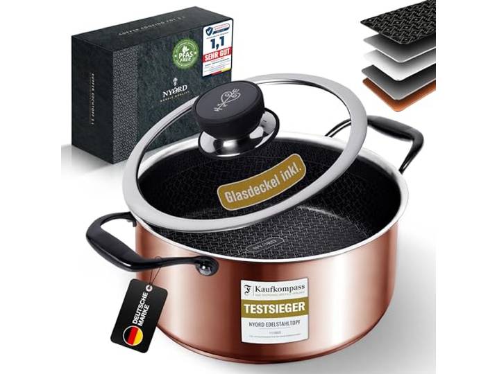 NYORD Kupfertopf - Antihaft, Kratzfest, Kochtopf Wabenstruktur, Hybrid Kupfer Topf, Kupferkern, Keramik Beschichtung, PTFE & PFOA frei, Ofenfest, für Induktion, Gas & Ceran, mit Deckel - 24 cm, 5l