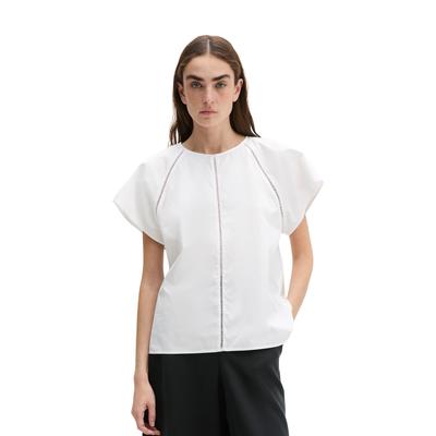 Kurzarmbluse MARC O'POLO "aus Premium-Popeline", Damen, Gr. 42, weiß, Obermaterial: 100% Baumwolle, unifarben, regular fit normal, Rückenausschnitt, Spitze, Blusen