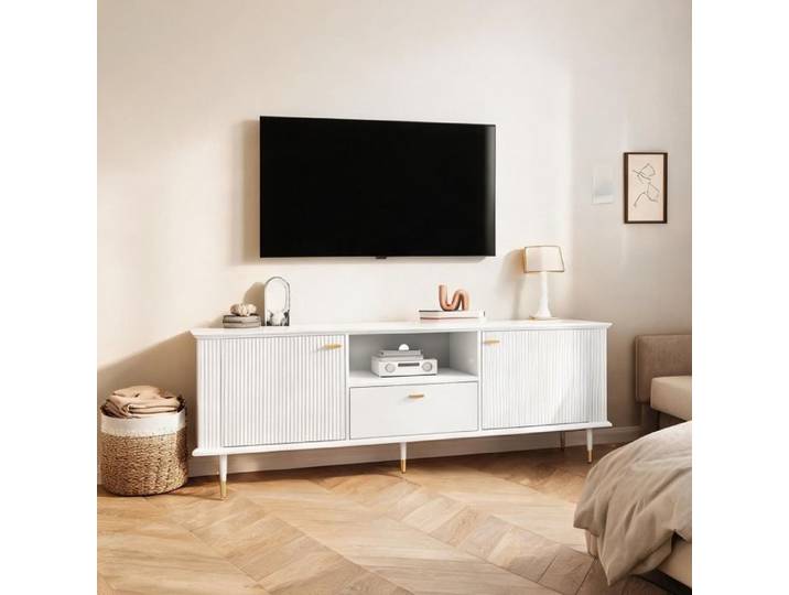 Meuble TV design MDF laqué soft white 170 cm portes et tiroir soft-close pieds dorés