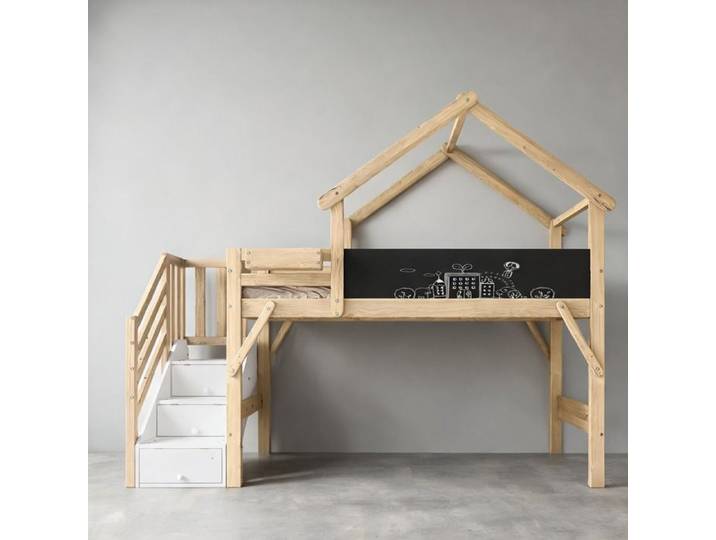 Structure en bois (pin MDF contreplaqué) white-toned lit superposé pour enfant avec rangements design de toit unique 90x200 cm