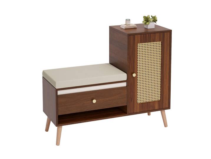 Flieks Schuhschrank Rattan Sitzbank Schubladen offene Fächer 1 Tür, Walnussfarben, 95.5x80.5x35 cm, Garderobe, Schuhaufbewahrung, Schuhkipper