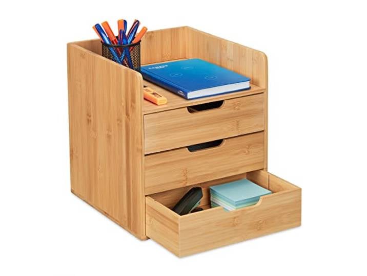 Relaxdays Organiseur en Bambou\, 3 tiroirs\, matériel Bureau\, HxLxP : 33x30x31 cm\, Rangement Espace de Travail\, Nature