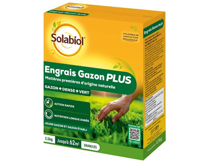 Solabiol Engrais Gazon Plus - 2\,5 Kg - Granulés - Jusqu'à 62m² - Nutrition Longue Durée - Gazon Dense & Vert - Action Rapide - Utilisable En Agriculture Biologique Sogazplus25