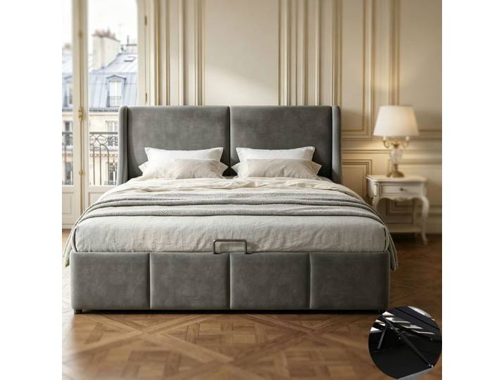 lit 140x190 avec sommier cadre de lit coffre avec coffre de rangement tissu en velours gris
