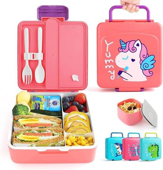 Unyqoos lunchbox met 4 vakken, lepel en vork - Eenhoorn