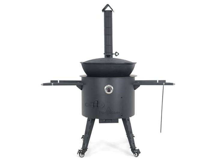 Utschak Feuerofen Ø 49 cm & Gusseisen-Kasan 22 L Kazan-Set mit Deckel Usbekischer Kochtopf für Grill & Plov Flacher oder Runder Boden wählbar (flacher Boden)