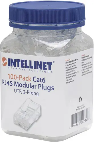 Intellinet Intellilnet 100er-Pack Cat6 RJ45-Modularstecker UTP 2-Punkt-Aderkontaktierung für Litzendraht 100 Stecker pro Beche