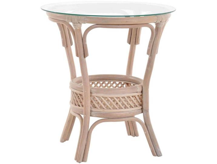 Krines Home Beistelltisch RattanTisch Beistelltisch Landhaus Rattantisch mit Glasplatte, Ø 59cm, Wohnzimmer Kaffetisch