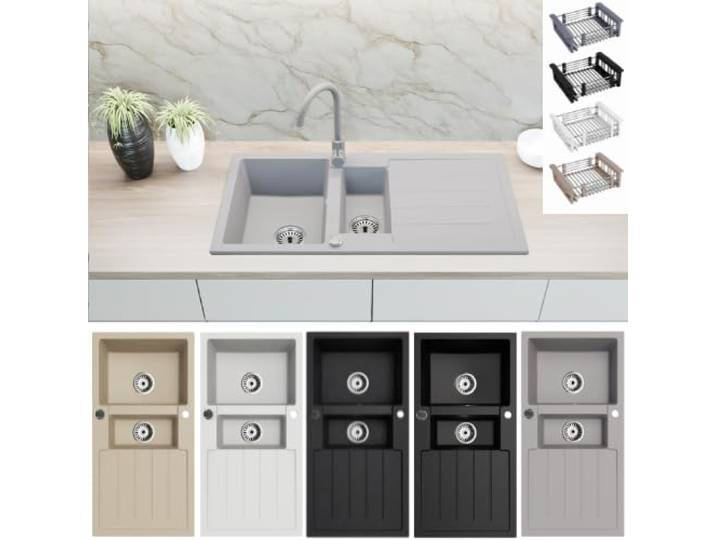 Faizee Möbel Granitspüle 100x50 Hochwertig beidseitig Montierbar Küchenspüle Granit inkl.Siphon Set (Mit Spülkorb, Grau)