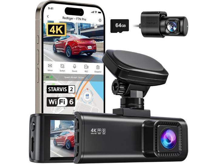 REDTIGER F7N PRO dashcam, 4K-video-opname, ingebouwde wifi en GPS, 170° gezichtsveld, met SONY STARVIS 2-sensor, nachtzicht