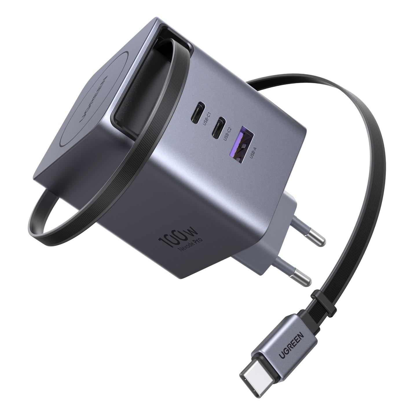 Ugreen Wall GaN Charger- Retractable Cable (100 W, 3 Ports) (65828)