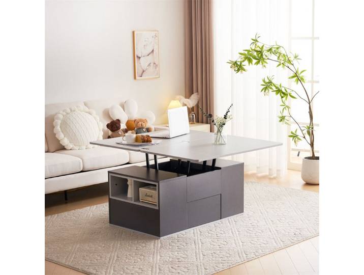 Table basse 2 en 1 Plateau Relevable 2 tiroirs Rangement salon 100x51x47cm Gris