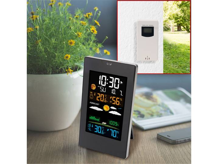 Wetterstation mit LCD Farbdisplay, Funk-Aussensensor, Wecker und USB-Ladeport