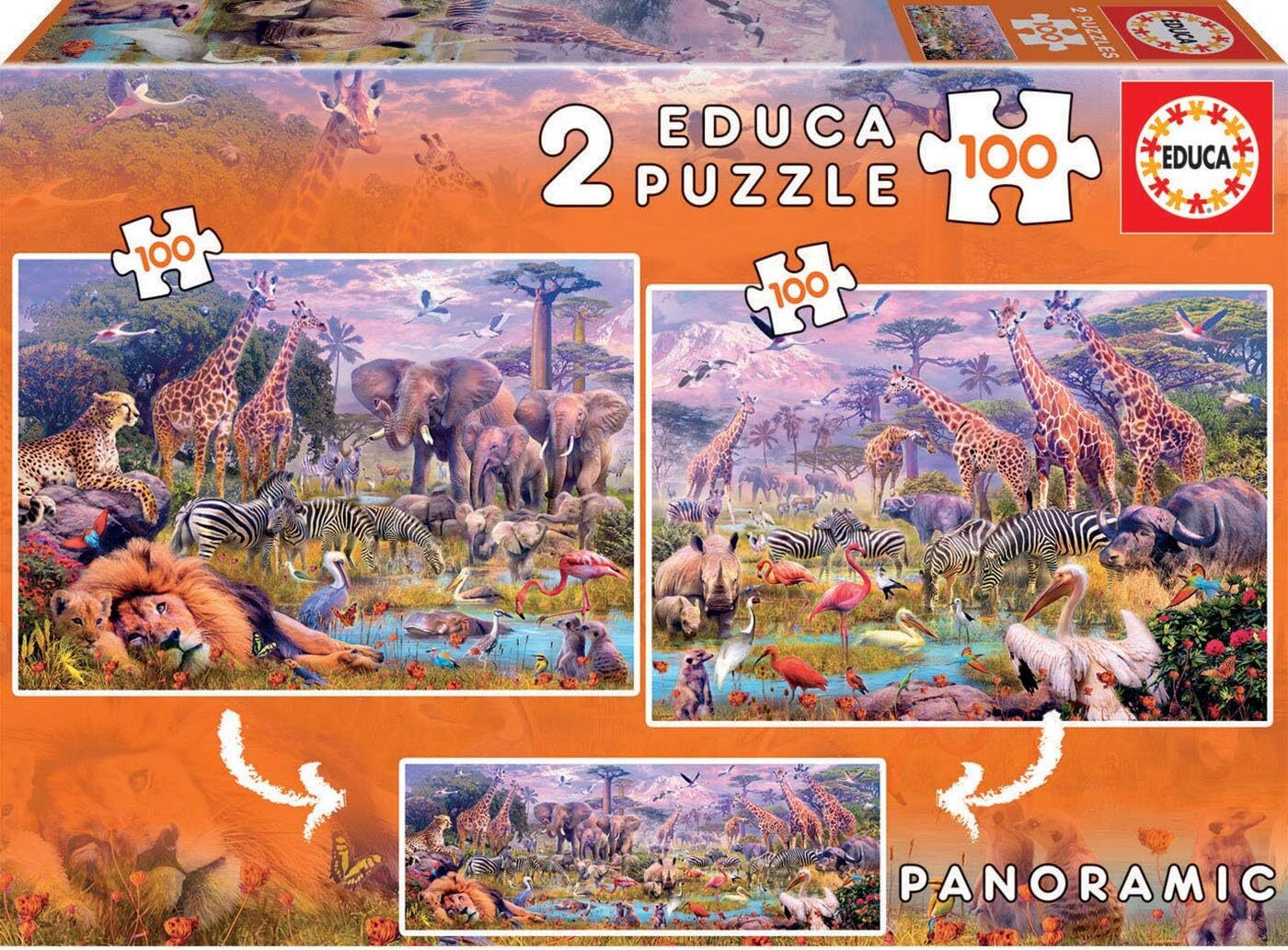 Educa 2 in 1 Panorama Puzzel Wilde Dieren