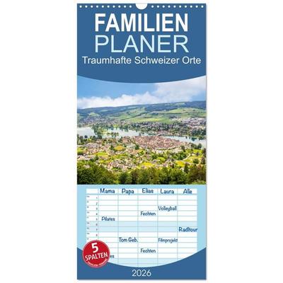 Familienplaner 2026 - Traumhafte Schweizer Orte mit 5 Spalten (Wandkalender, 21 x 45 cm) CALVENDO