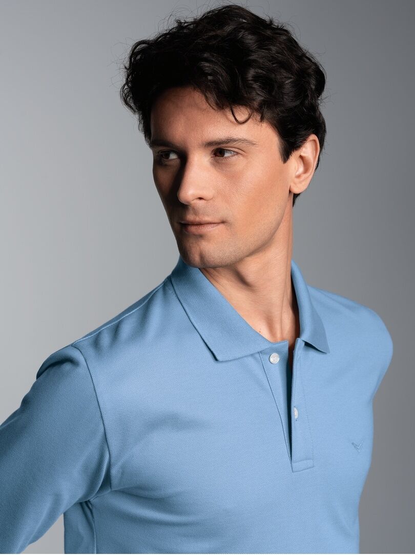 Poloshirt TRIGEMA "TRIGEMA Langarm Poloshirt mit Armbündchen", Herren, Gr. M, blau (horizont), Piqué, 100% Baumwolle, Basic, ohne Ausschnitt, Shirts Poloshirt horizont M