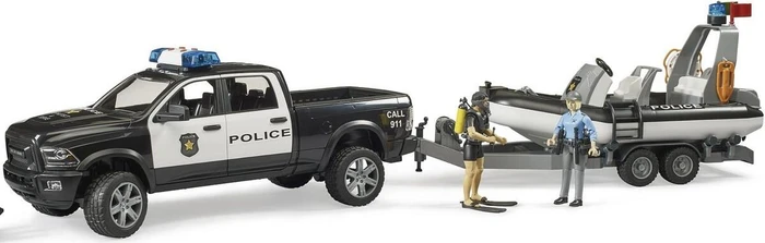 Bruder RAM 2500 Polizei Pickup, L+S Modul, Anhänger mit Boot (schwarz/weiß, Inkl. 2 Figuren)