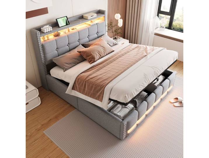 Lit rembourré 160x200 cm gris clair LED USB