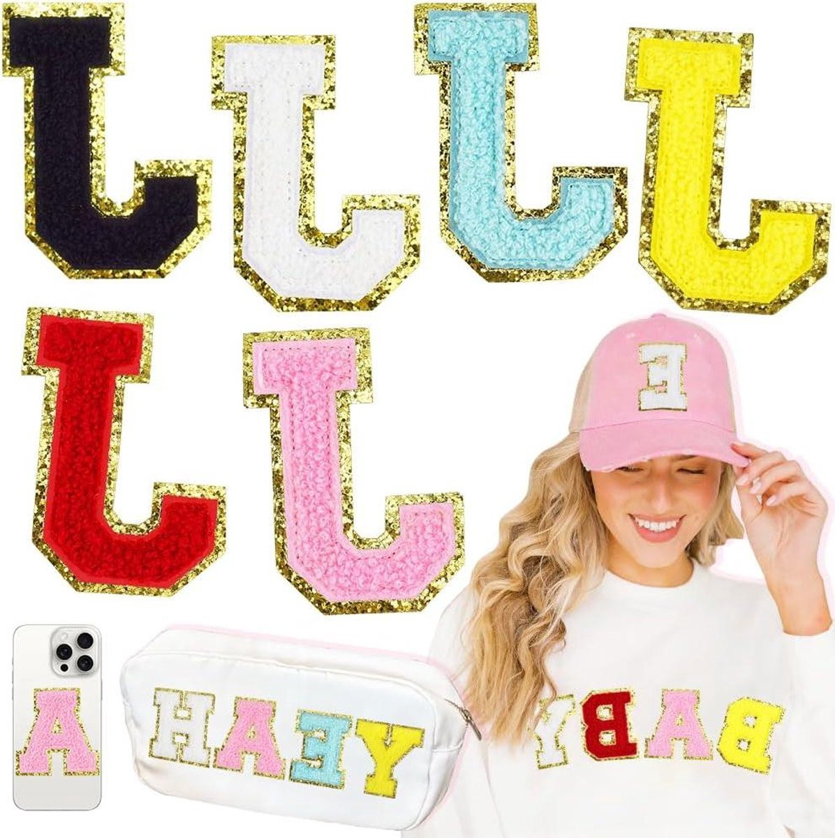Chenille Letter Patches Gouden Glitter Rand - Opstrijkbare Geborduurde Letters voor Kleding Versieren - 7,6 cm